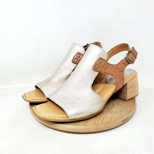 Born Sylvie Slingback Sandals Womens 9 Silver Brown Leather Chunky Heel Shoes